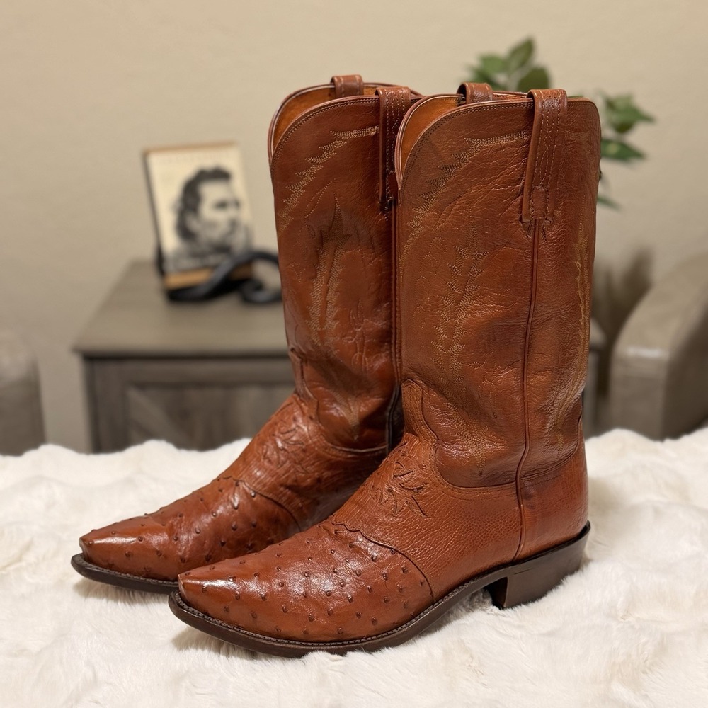 Lucchese 1883 N1017 Full Quill Ostrich Cowboy Boots Mens 10 D Cognac Snip Toe